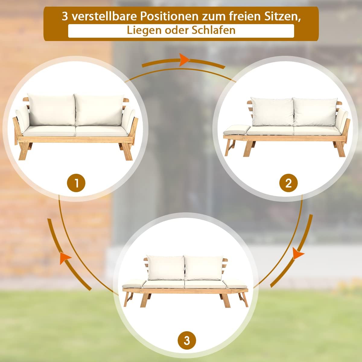 COSTWAY Ławka ogrodowa z funkcją leżenia, sofa ogrodowa z poduszkami i składanym podłokietnikiem, ławka balkonowa z drewna akacjowego, sofa balkonowa, sofa ogrodowa do ogrodu, na taras, balkon, 198 x