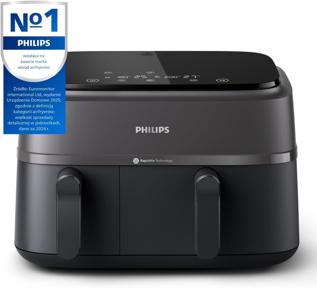 Philips Airfryer 5000 Serii Dual Basket z Technologią Air Steam oraz RapidAir Plus - pojemność 9L, 19 sposobów gotowania, 90% mniej tłuszczu, 2 kosze, czyszczenie parą, akcesoria (NA550/00)