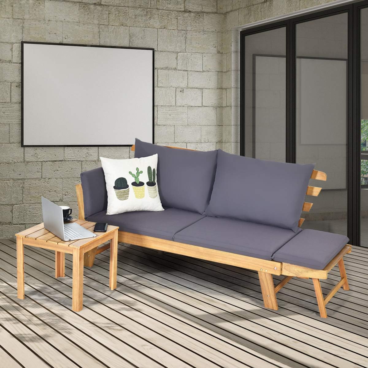 COSTWAY Ławka ogrodowa z funkcją leżenia, sofa ogrodowa z poduszkami i składanym podłokietnikiem, ławka balkonowa z drewna akacjowego, sofa balkonowa, sofa ogrodowa do ogrodu, na taras, balkon, 198 x