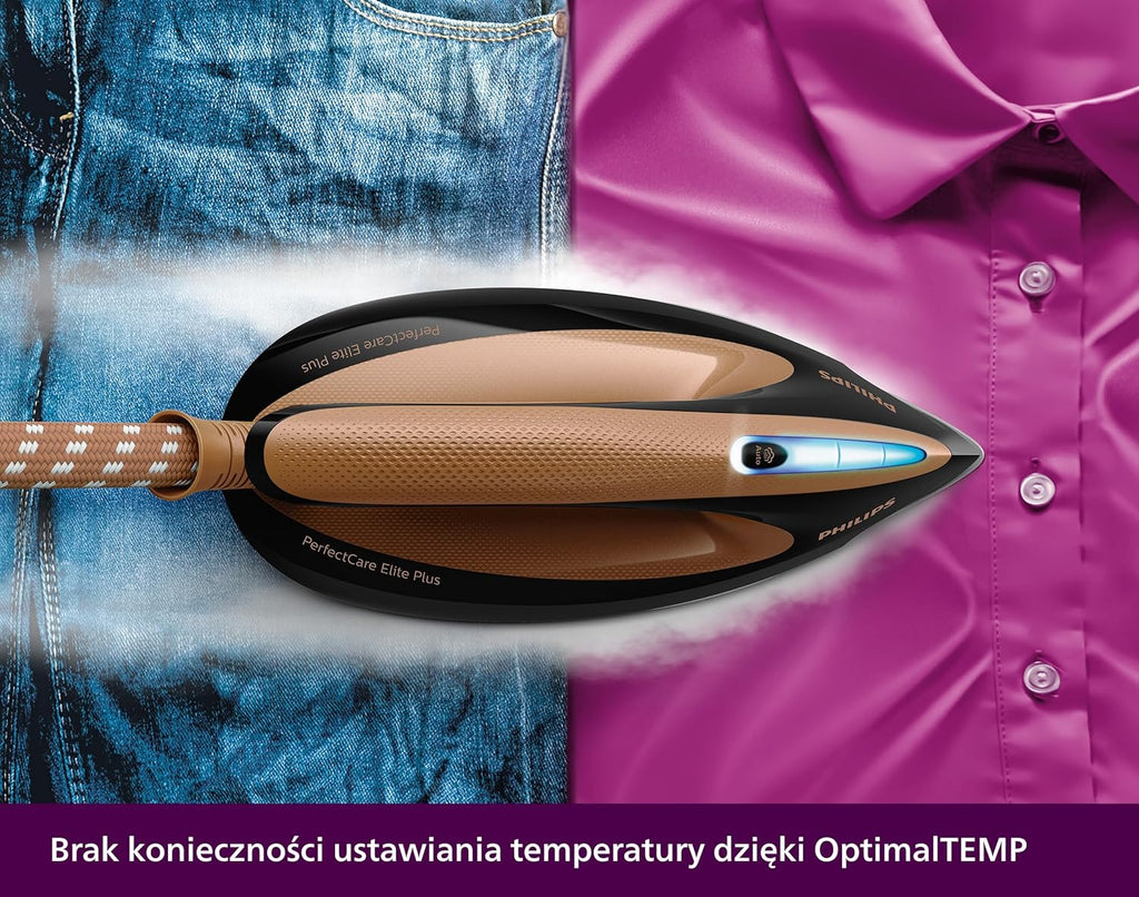 Philips Generator Pary z serii PerfectCare Elite Plus, Stopa T-ionicGlide odporna na zarysowania, 2700 W, Zbiornik na wodę - 1,8 L, Ciśnienie do 8 barów, Lekkie i wygodne, Czarny-Miedziany (GC9682/80)