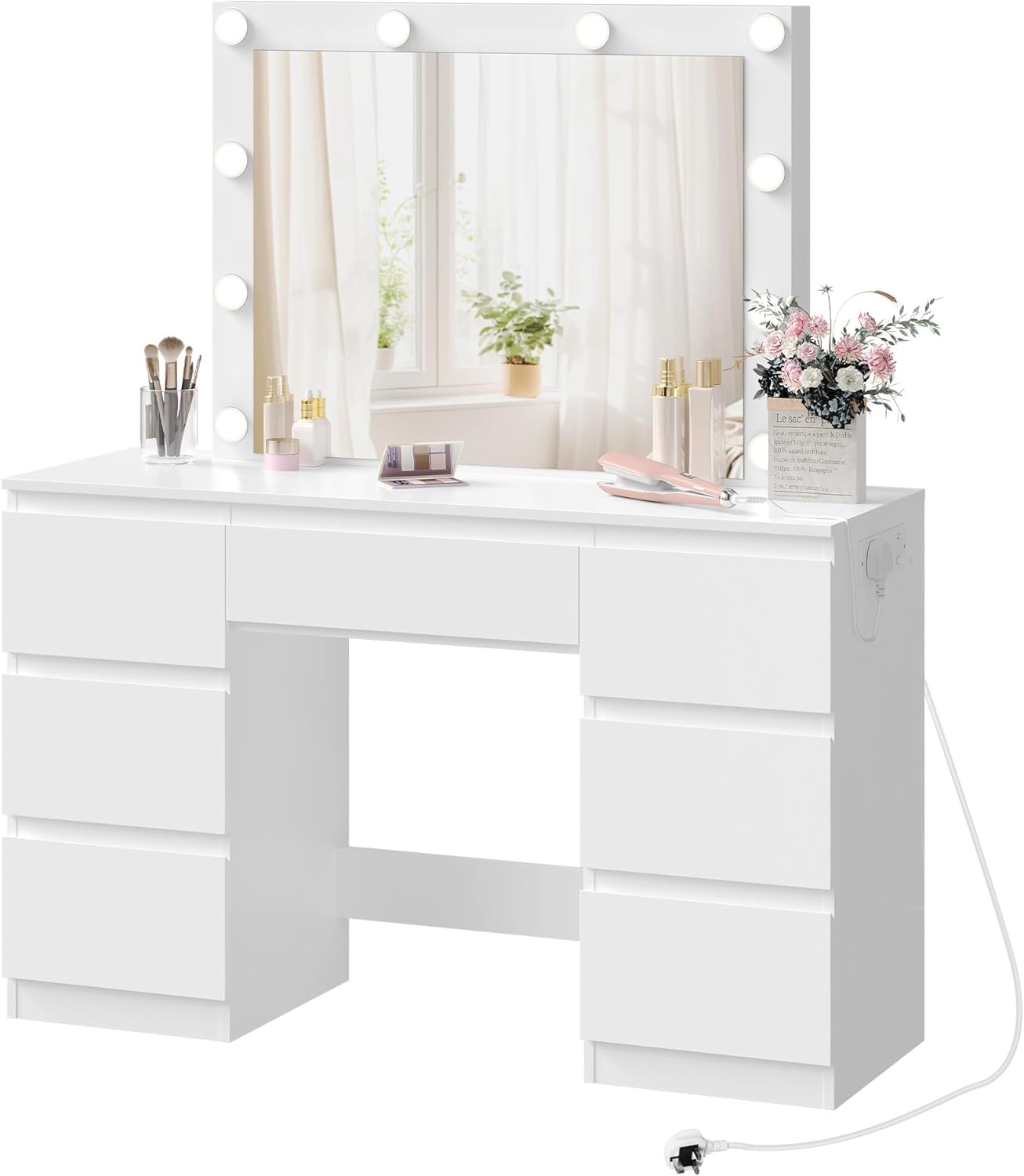 WOLTU MB6124ws Toaletka z oświetleniem i wieloma gniazdkami, toaletka z dużym lustrem LED i 7 szufladami, biurko do makijażu, 110 x 39,5 x 140,5 cm, biała nowoczesna komoda do sypialni